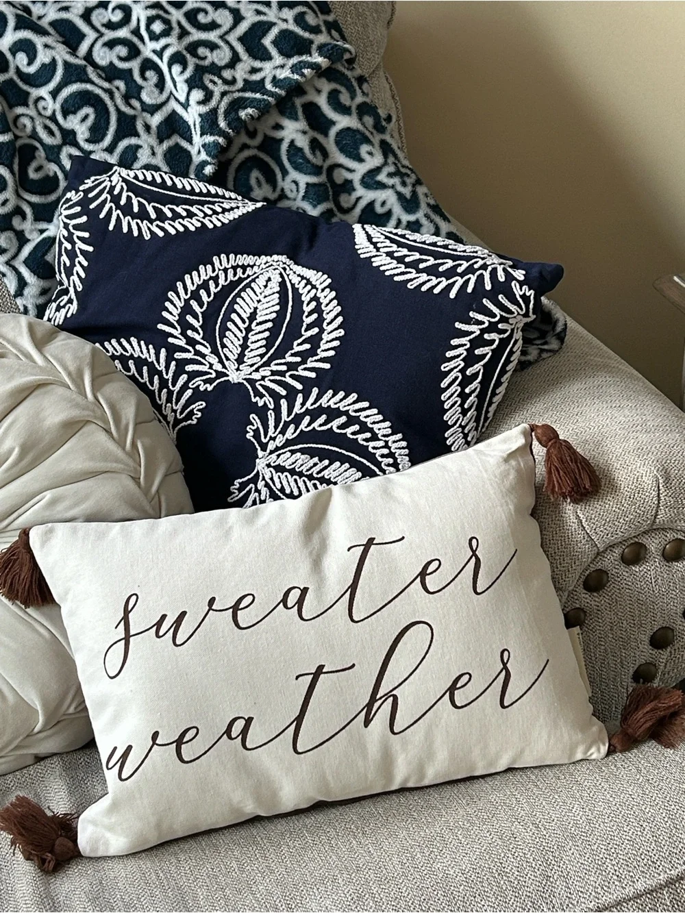 NEW! Fall Harvest Sweater Weather Cream Toss Pillow with Brown Script & Tassels